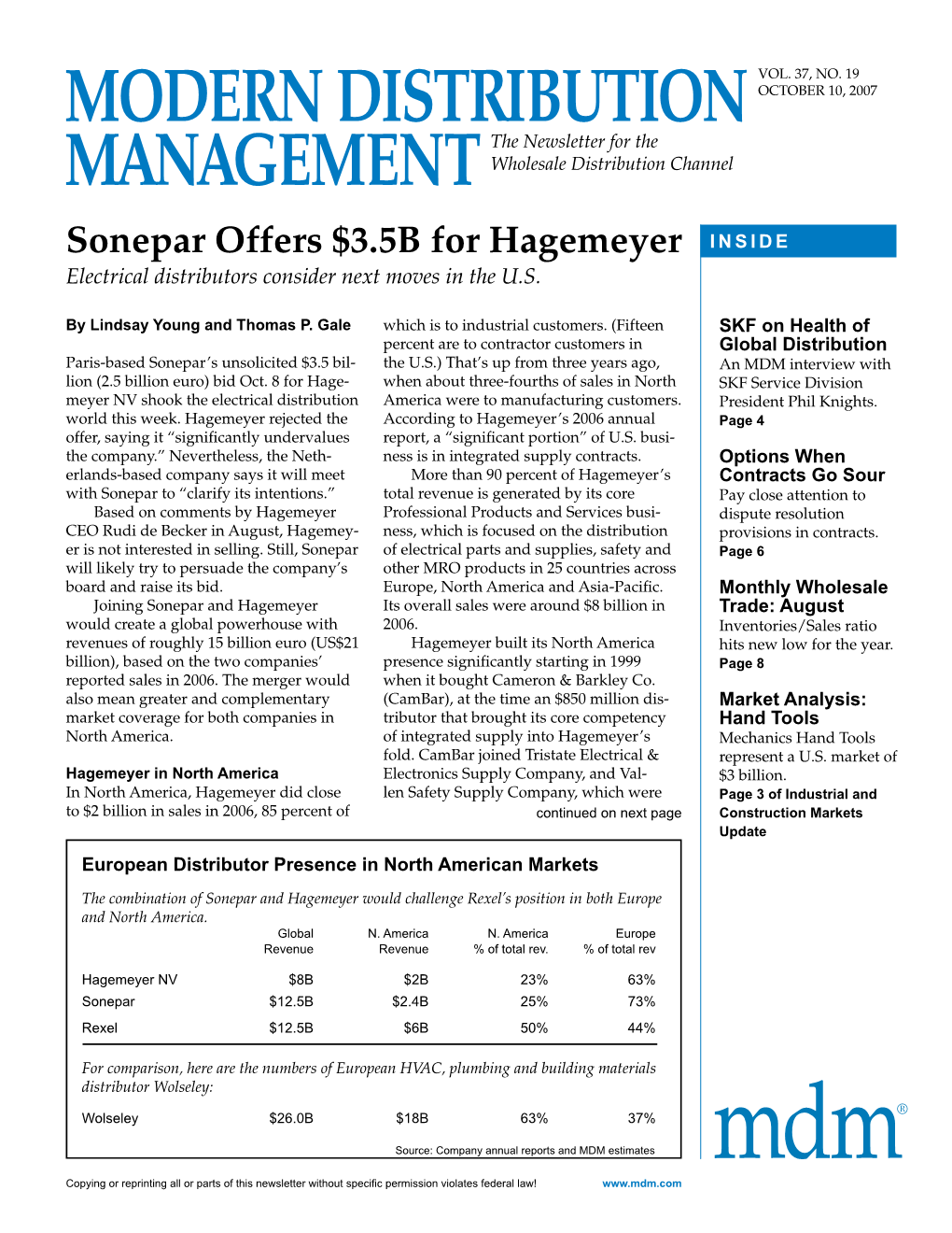 Sonepar Offers $3.5B for Hagemeyer INSIDE Electrical Distributors Consider Next Moves in the U.S