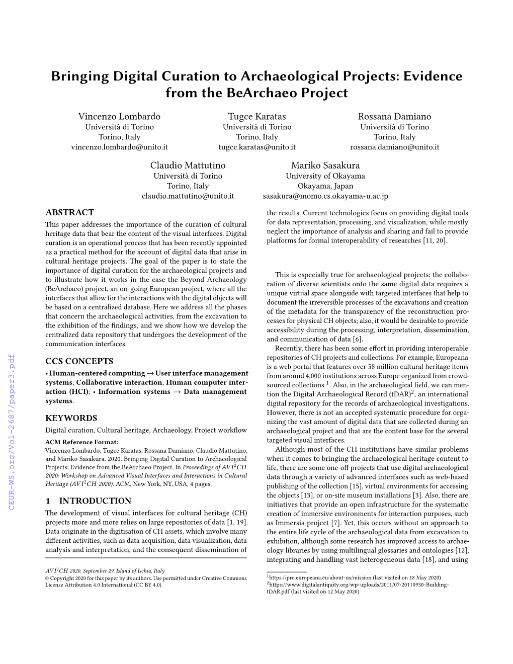 Bringing Digital Curation to Archaeological Projects: Evidence from the Bearchaeo Project