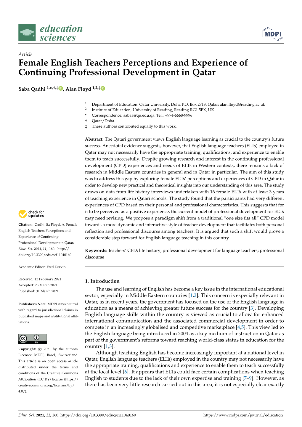 Female English Teachers Perceptions and Experience of Continuing Professional Development in Qatar