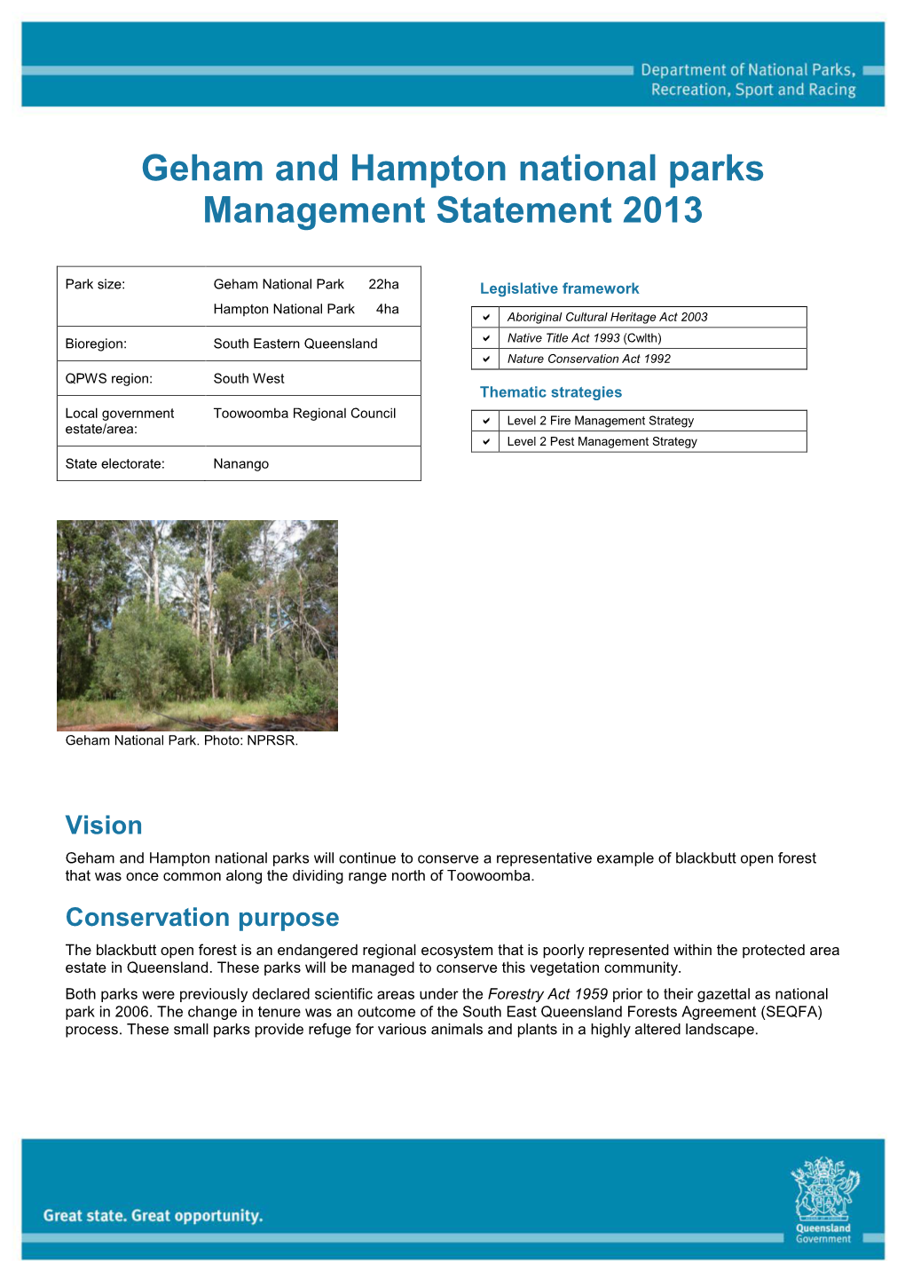 Geham and Hampton National Parks Management Statement 2013