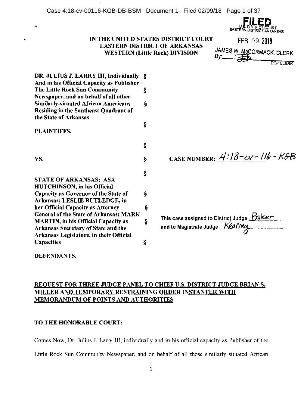 Complaint and Request for Three Judge Panel