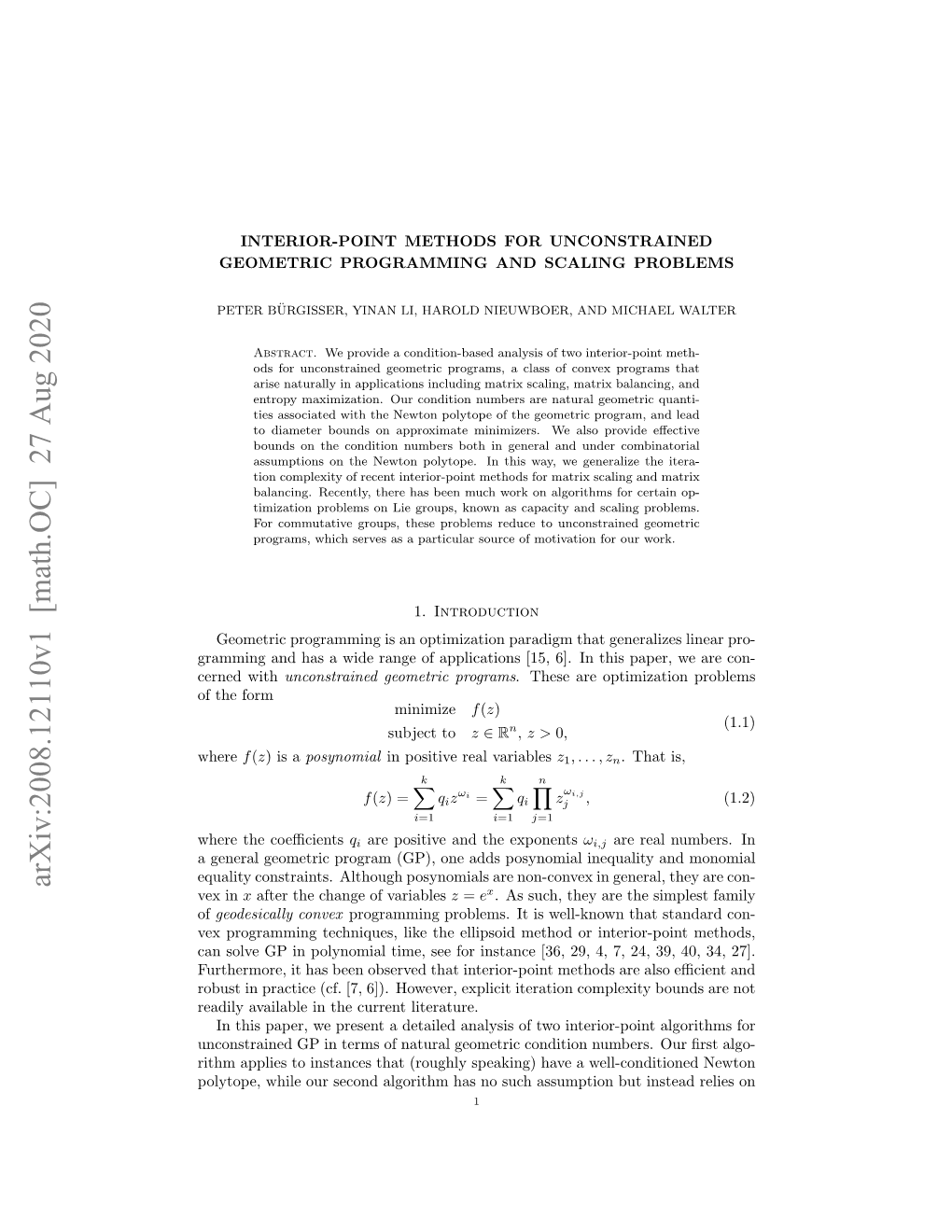 Arxiv:2008.12110V1 [Math.OC] 27 Aug 2020 Vex in X After the Change of Variables Z = Ex