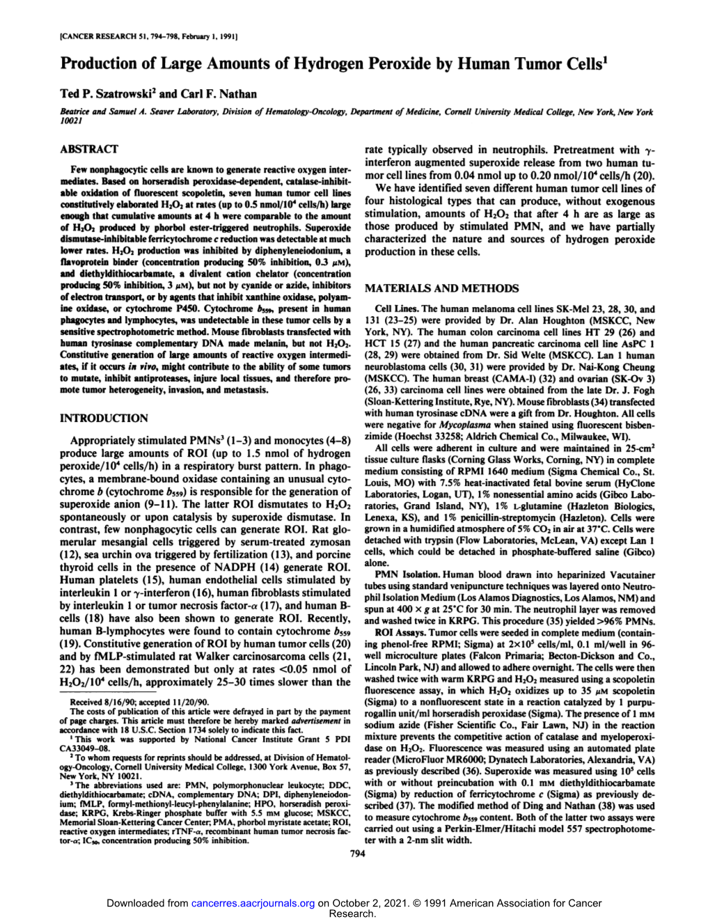 Production of Large Amounts of Hydrogen Peroxide by Human Tumor Cells1