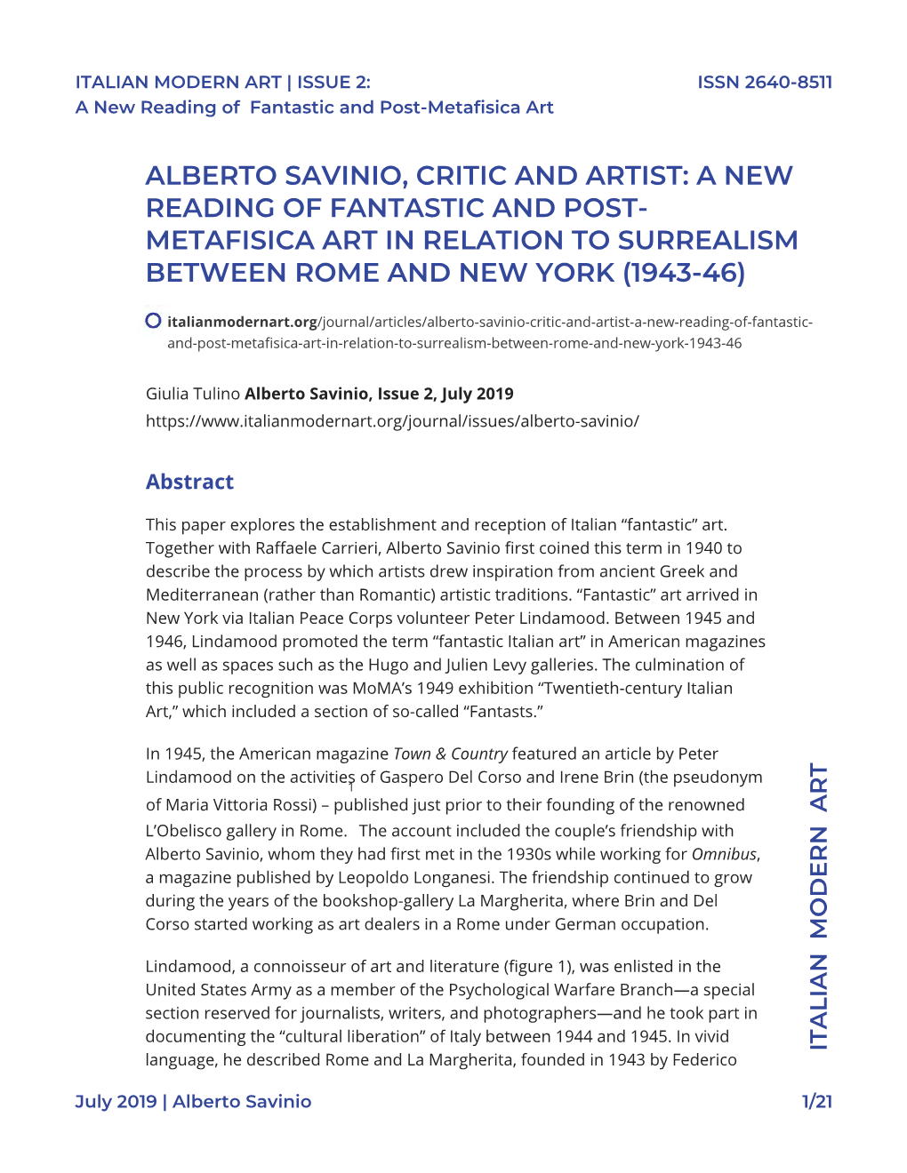 Alberto Savinio, Critic and Artist: a New Reading of Fantastic and Post- Metafisica Art in Relation to Surrealism Between Rome and New York (1943-46)