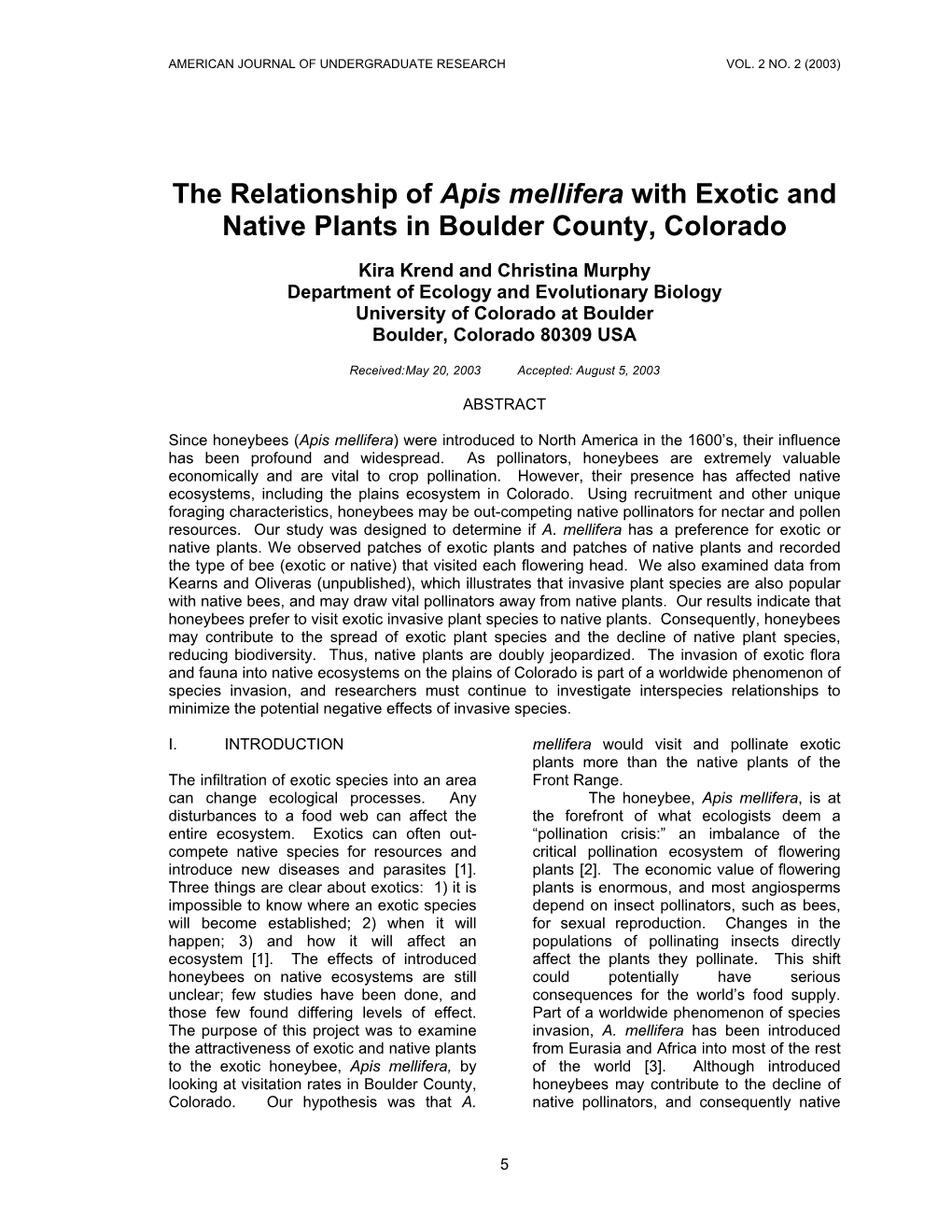 The Relationship of Apis Mellifera with Exotic and Native Plants in Boulder County, Colorado