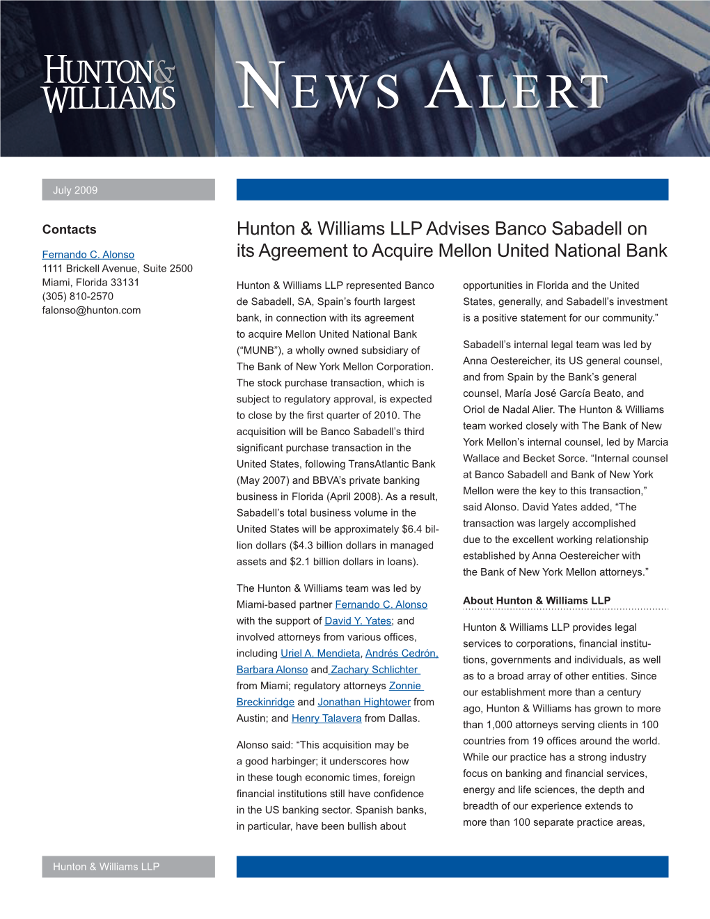 Hunton & Williams LLP Advises Banco Sabadell on Its Agreement To