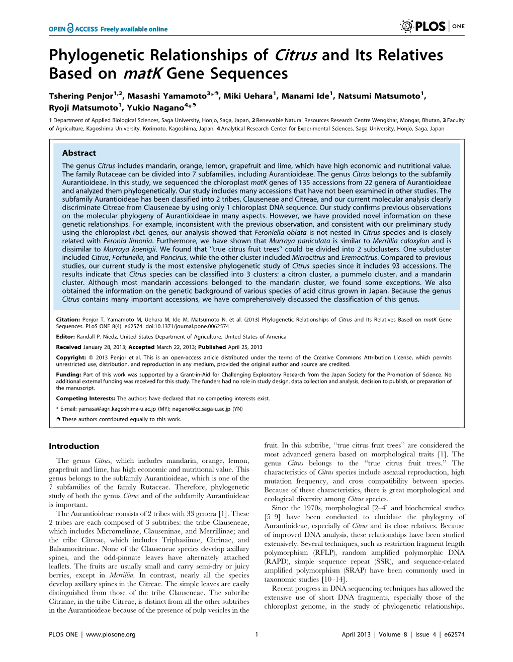 Phylogenetic Relationships of Citrus and Its Relatives Based on Matk Gene Sequences