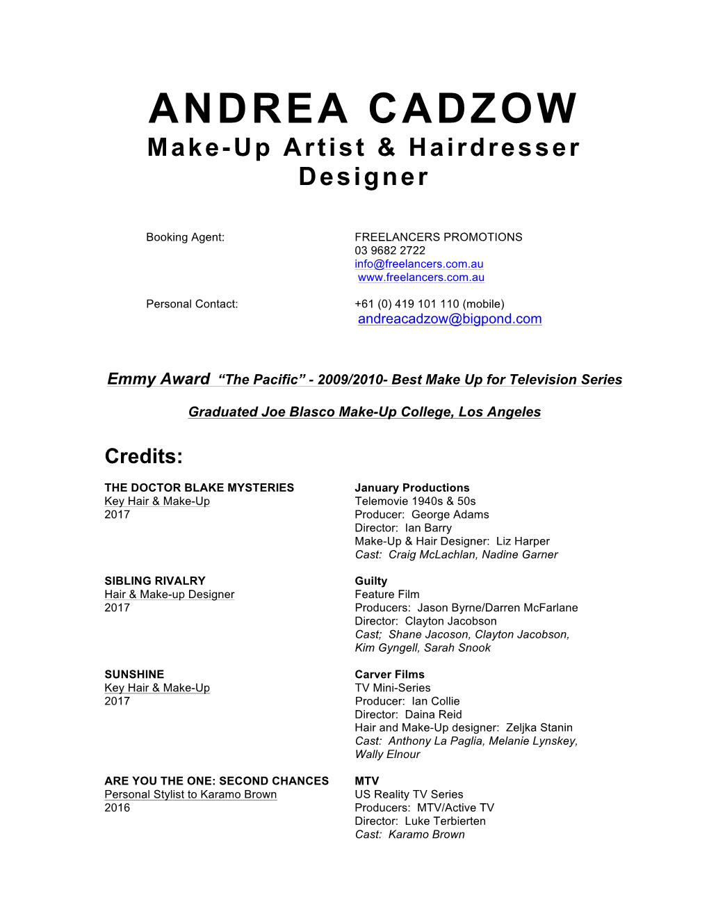 ANDREA CADZOW Make-Up Artist & Hairdresser Designer