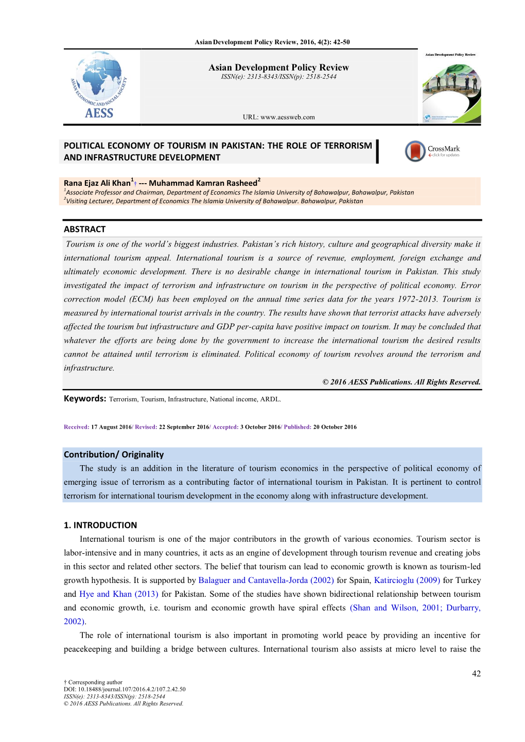 Political Economy of Tourism in Pakistan: the Role of Terrorism and Infrastructure Development