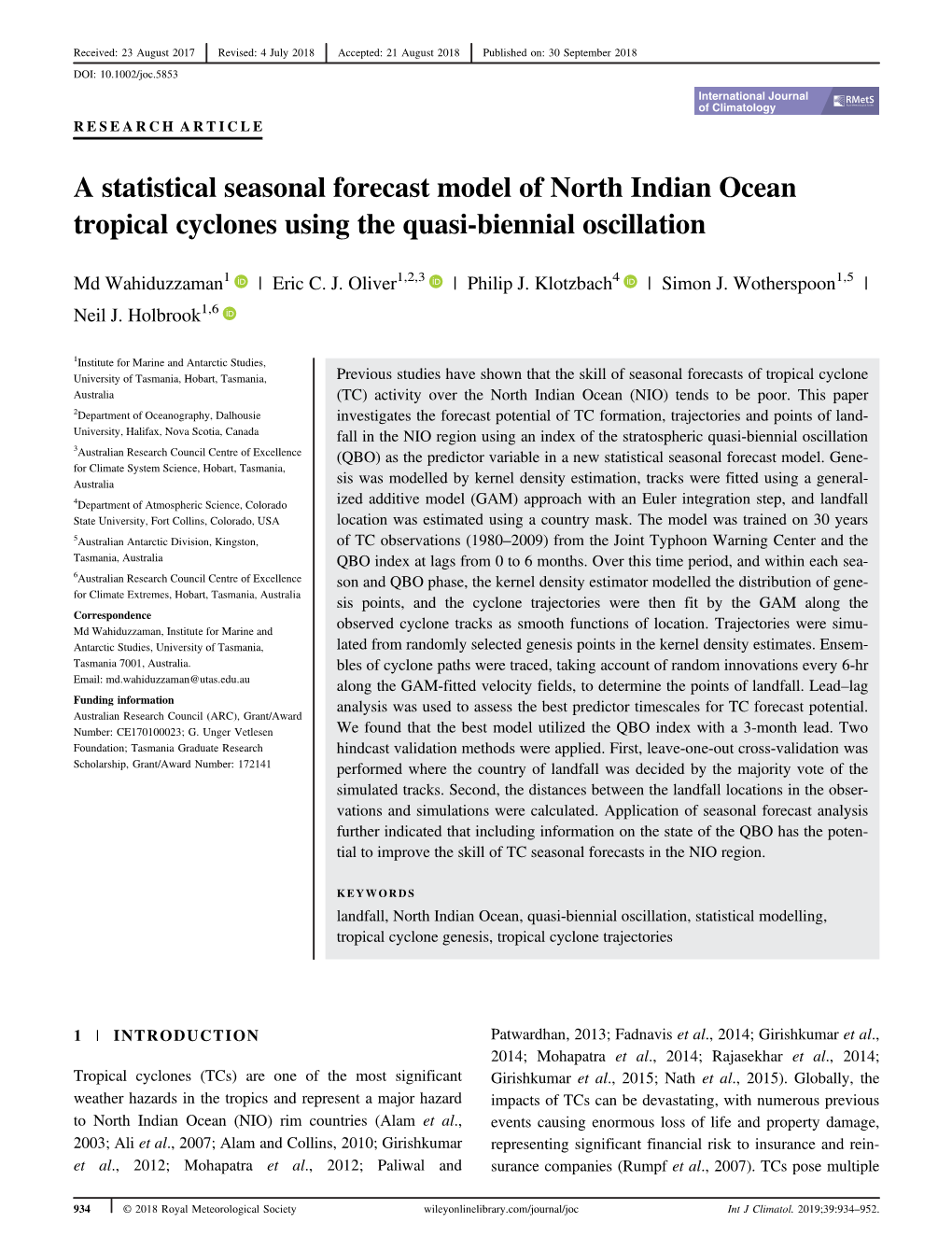 A Statistical Seasonal Forecast Model of North Indian Ocean Tropical Cyclones Using the Quasi-Biennial Oscillation