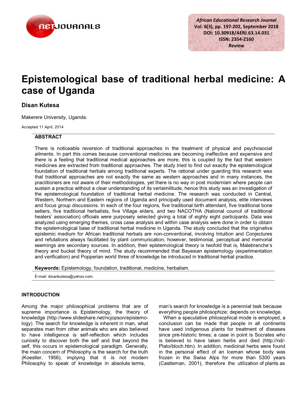 Epistemological Base of Traditional Herbal Medicine: a Case of Uganda