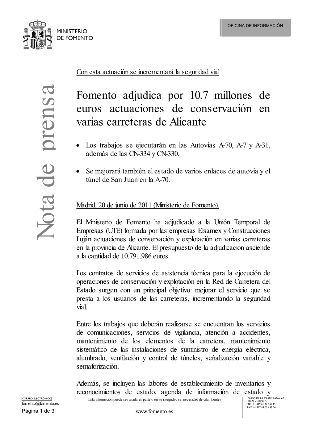 Fomento Adjudica Por 10,7 Millones De Euros Actuaciones De Conservación En Varias Carreteras De Alicante