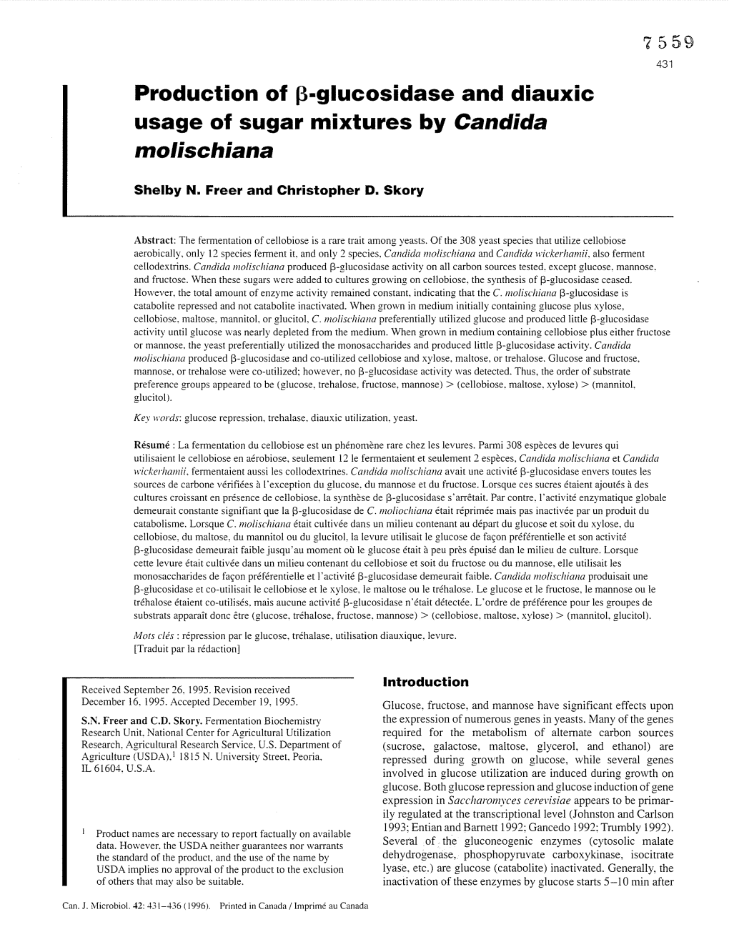 Production of J3-Glucosidase and Diauxic Usage of Sugar Mixtures by Candida Molischiana