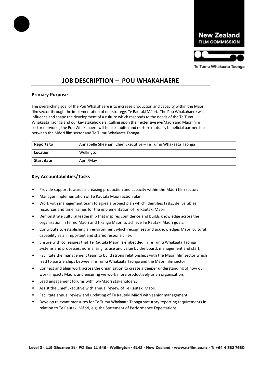 Job Description – Pou Whakahaere