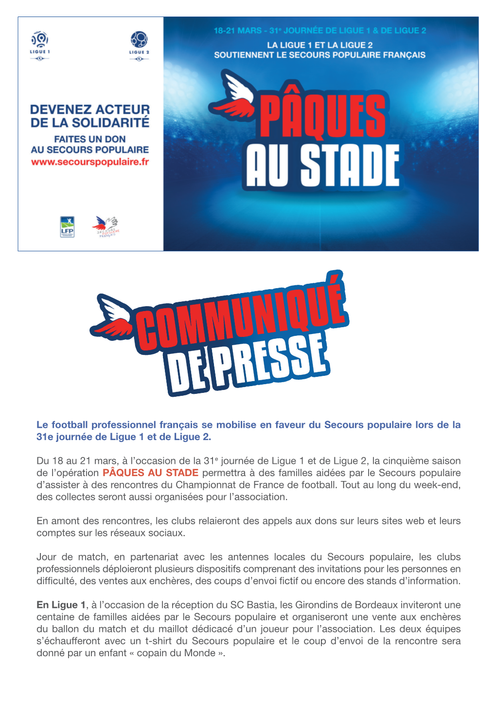 Le Football Professionnel Français Se Mobilise En Faveur Du Secours Populaire Lors De La 31E Journée De Ligue 1 Et De Ligue 2