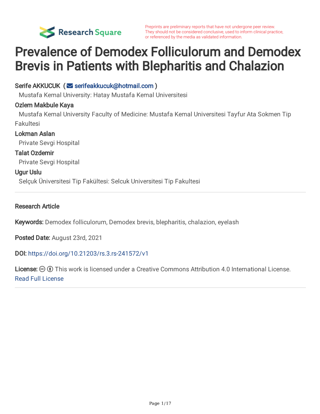 Prevalence of Demodex Folliculorum and Demodex Brevis in Patients with Blepharitis and Chalazion