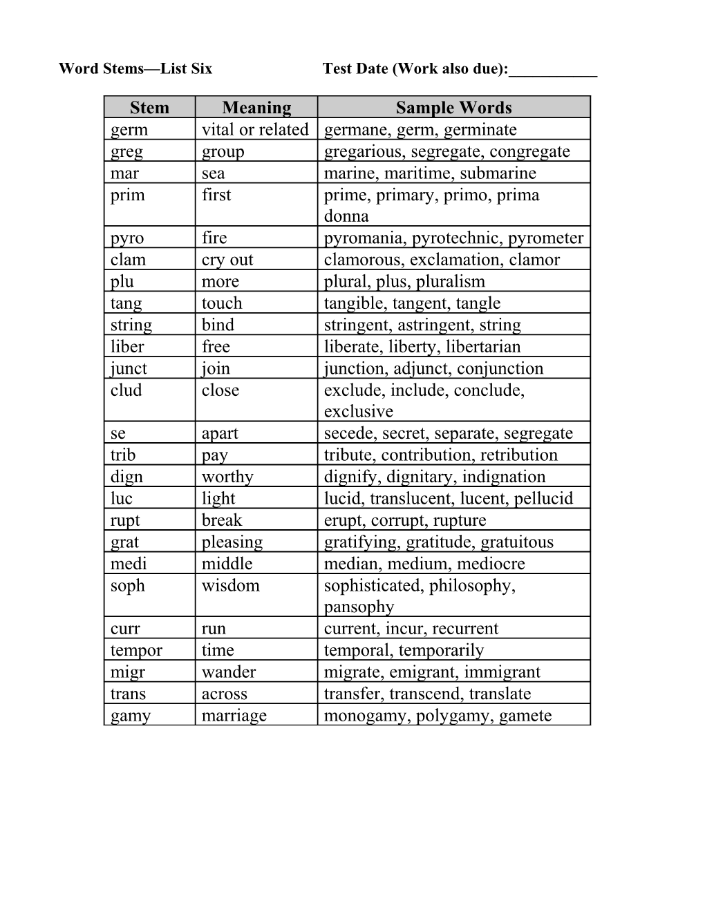 Word Stems List Five s1