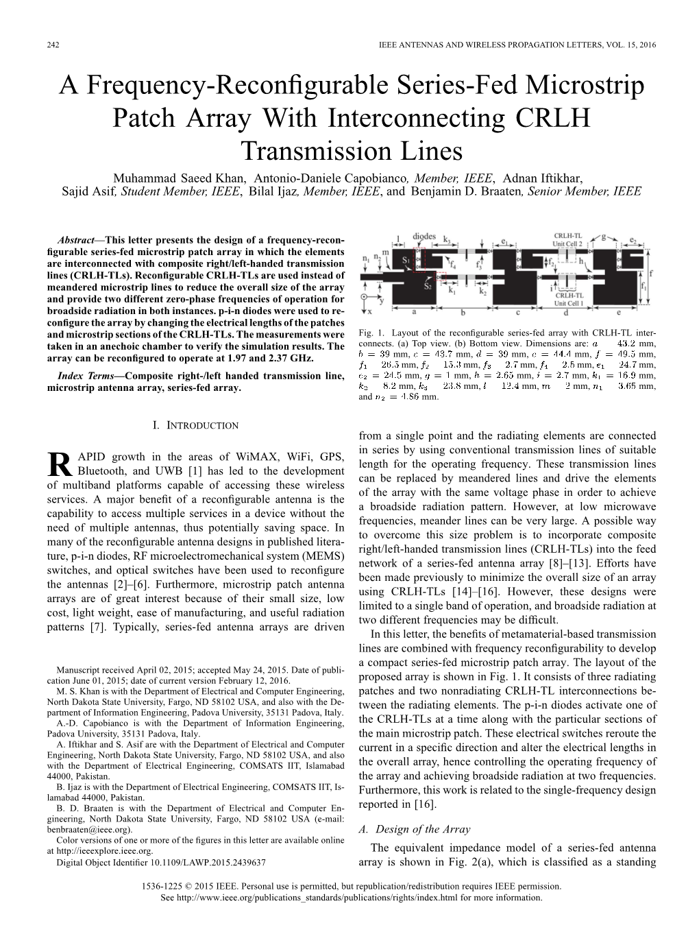 A Frequency-Reconfigurable Series-Fed Microstrip Patch Array with Interconnecting CRLH Transmission Lines