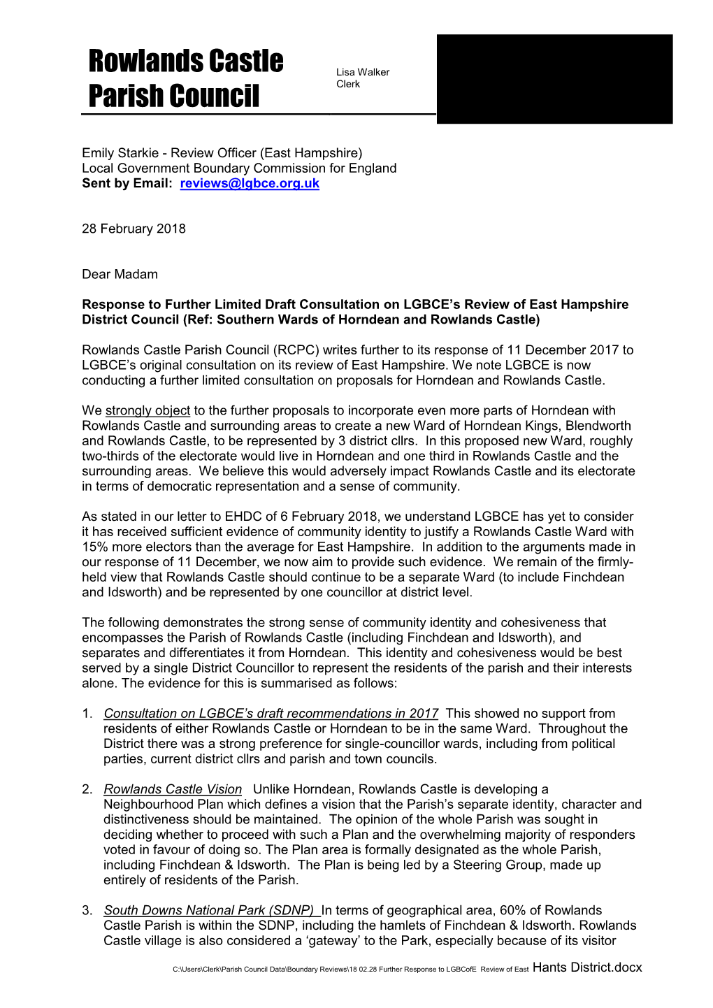 Rowlands Castle Parish Council (RCPC) Writes Further to Its Response of 11 December 2017 to LGBCE’S Original Consultation on Its Review of East Hampshire