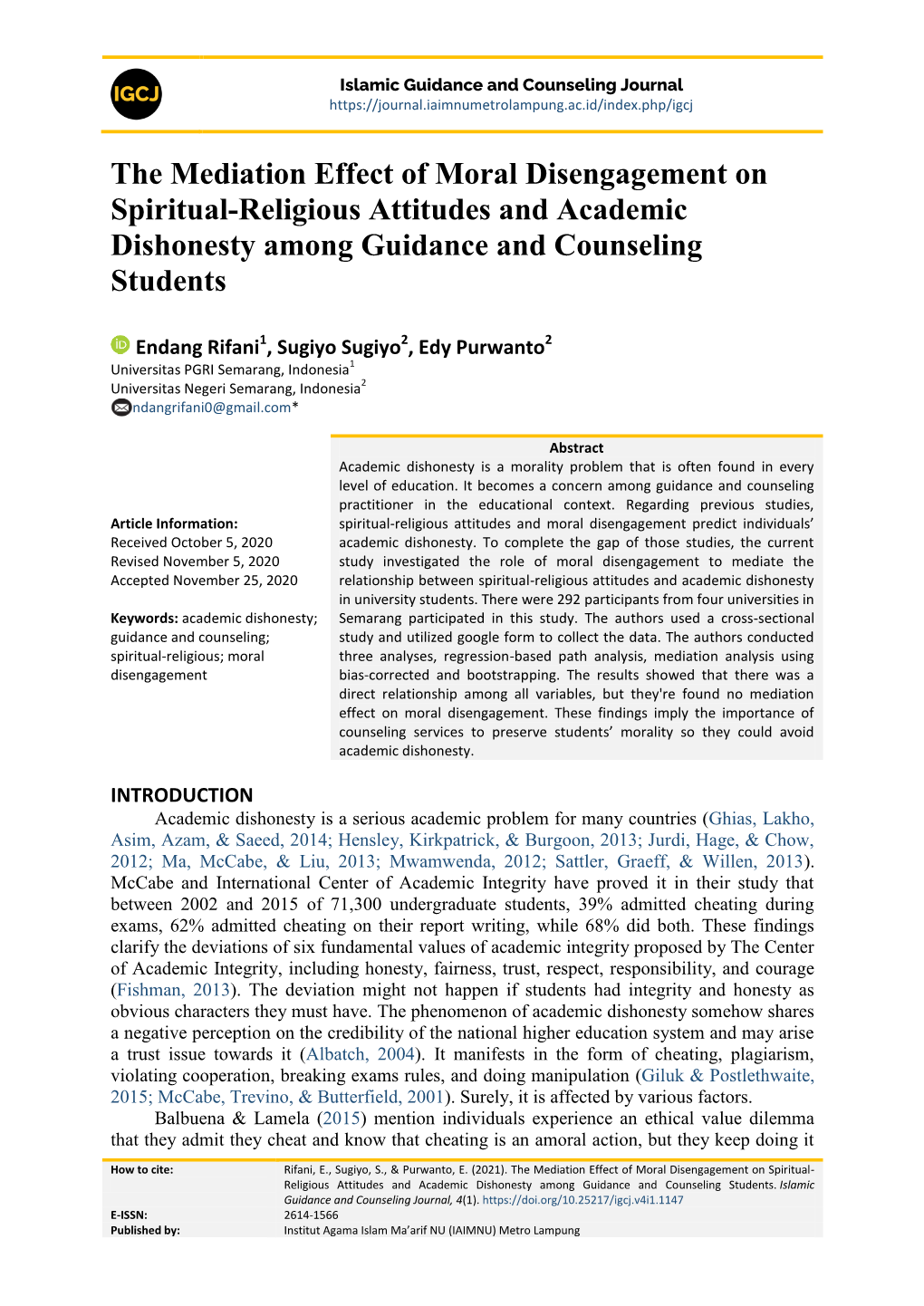 The Mediation Effect of Moral Disengagement on Spiritual-Religious Attitudes and Academic Dishonesty Among Guidance and Counseling Students