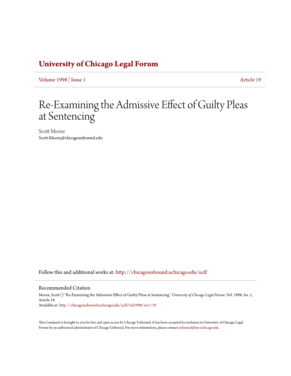 Re-Examining the Admissive Effect of Guilty Pleas at Sentencing Scott Om Ore Scott.Moore@Chicagounbound.Edu