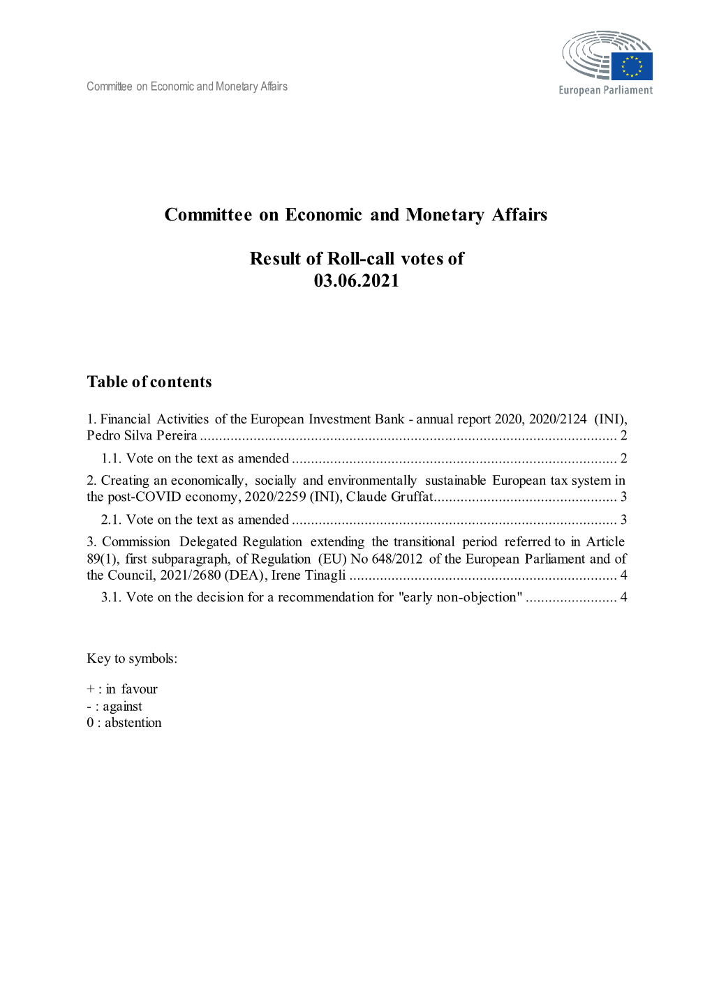 Committee on Economic and Monetary Affairs Result of Roll-Call