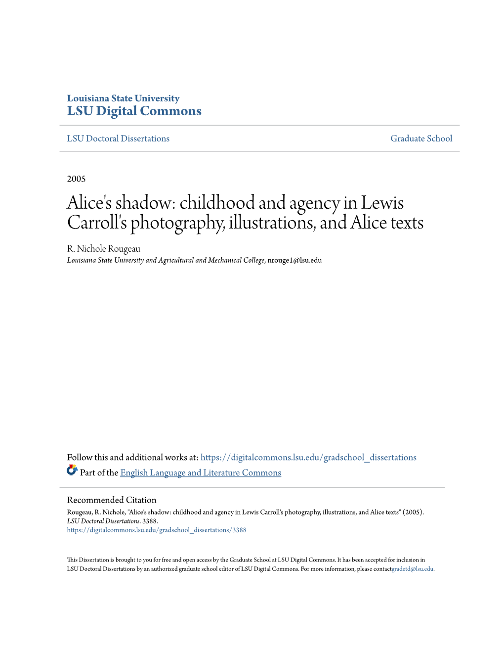 Alice's Shadow: Childhood and Agency in Lewis Carroll's Photography, Illustrations, and Alice Texts R