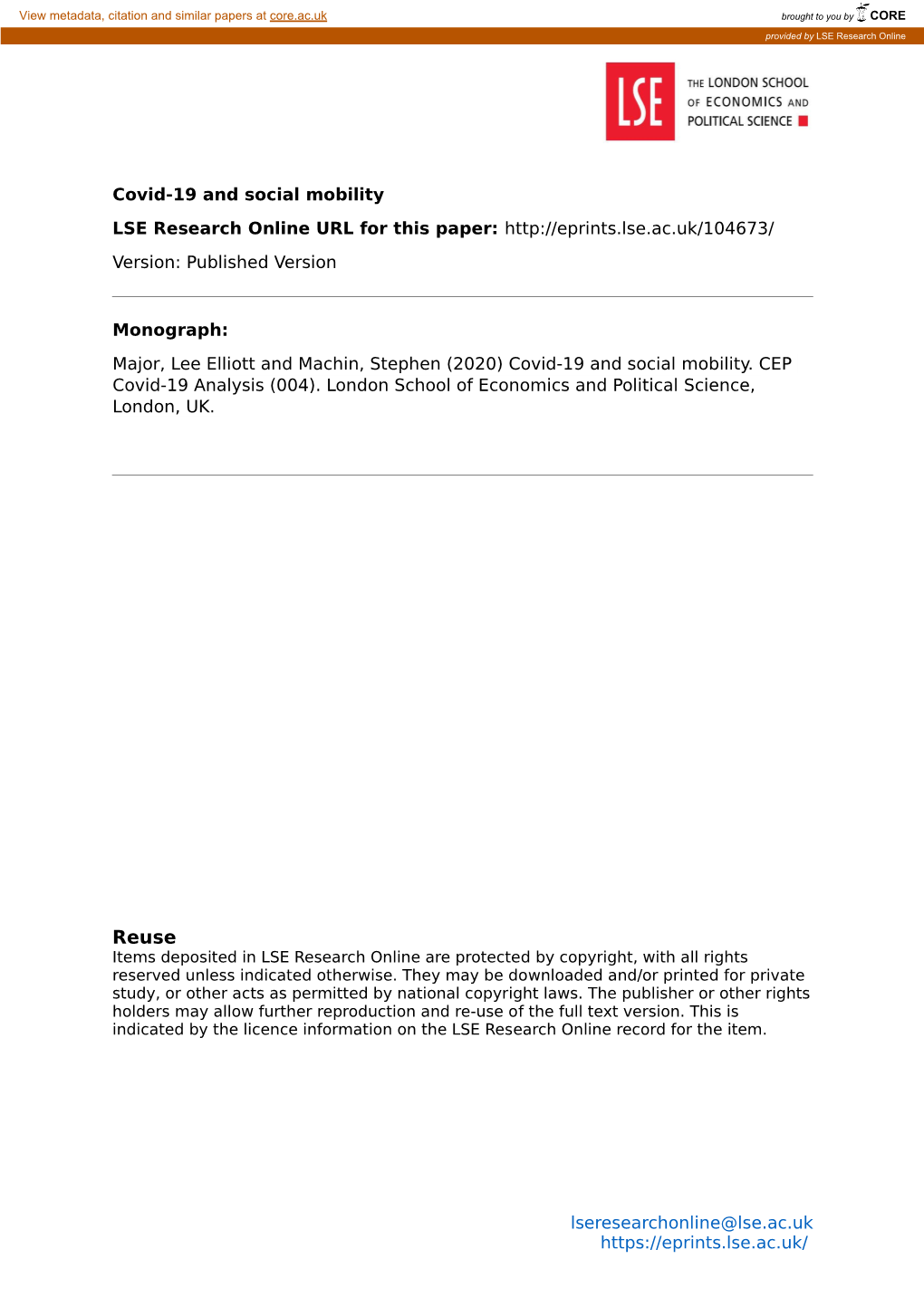 Covid-19 and Social Mobility LSE Research Online URL for This Paper: Version: Published Version