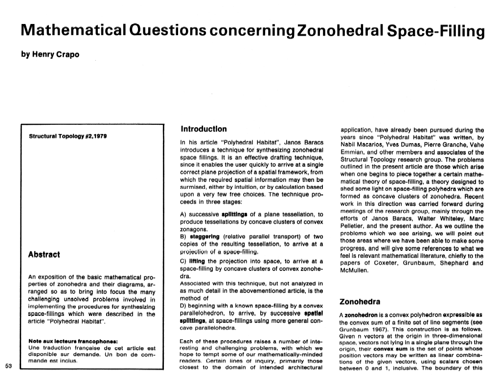 Mathematical Questions Concerning Zonohwlral Space-Filling by Henry Crapo