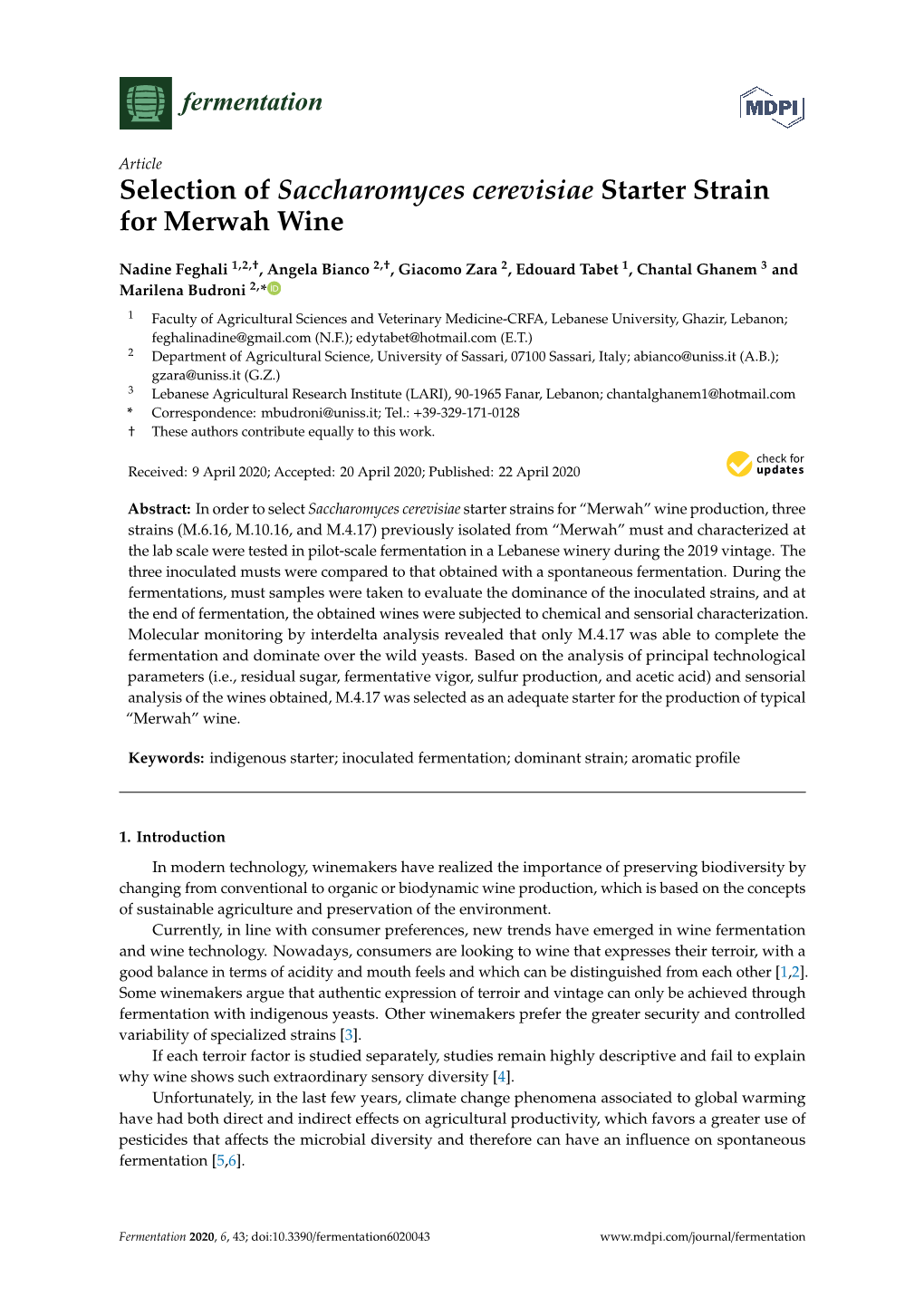 Selection of Saccharomyces Cerevisiae Starter Strain for Merwah Wine