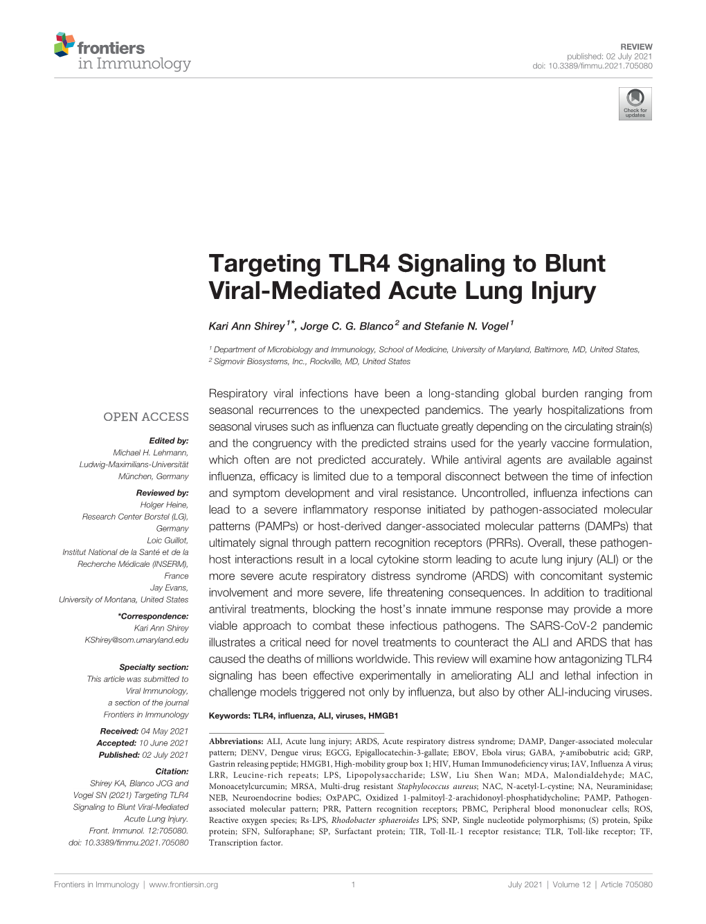 Targeting TLR4 Signaling to Blunt Viral-Mediated Acute Lung Injury