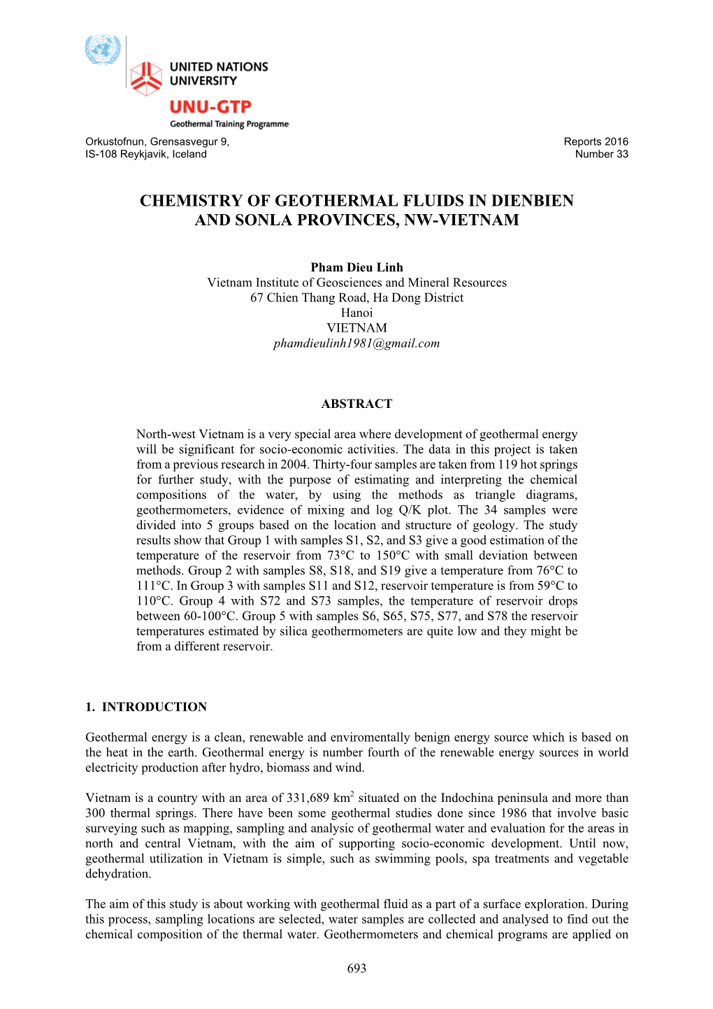 Chemistry of Geothermal Fluids in Dienbien and Sonla Provinces, Nw-Vietnam