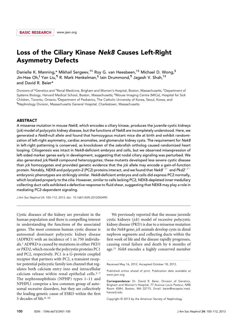 Loss of the Ciliary Kinase Nek8 Causes Left-Right Asymmetry Defects