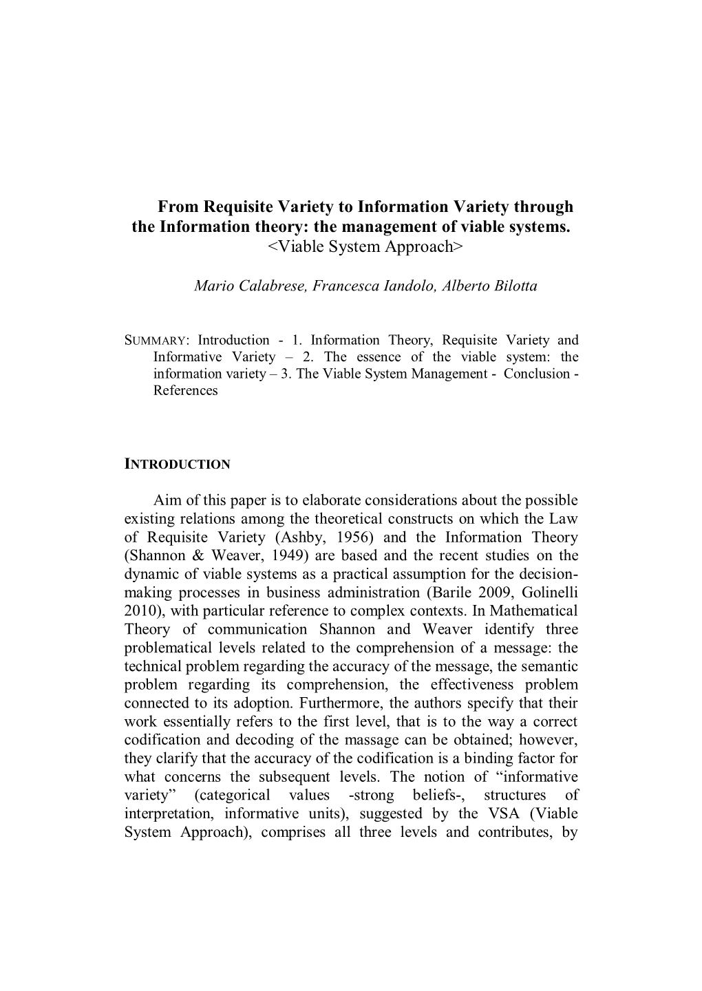 From Requisite Variety to Information Variety Through the Information Theory: the Management of Viable Systems