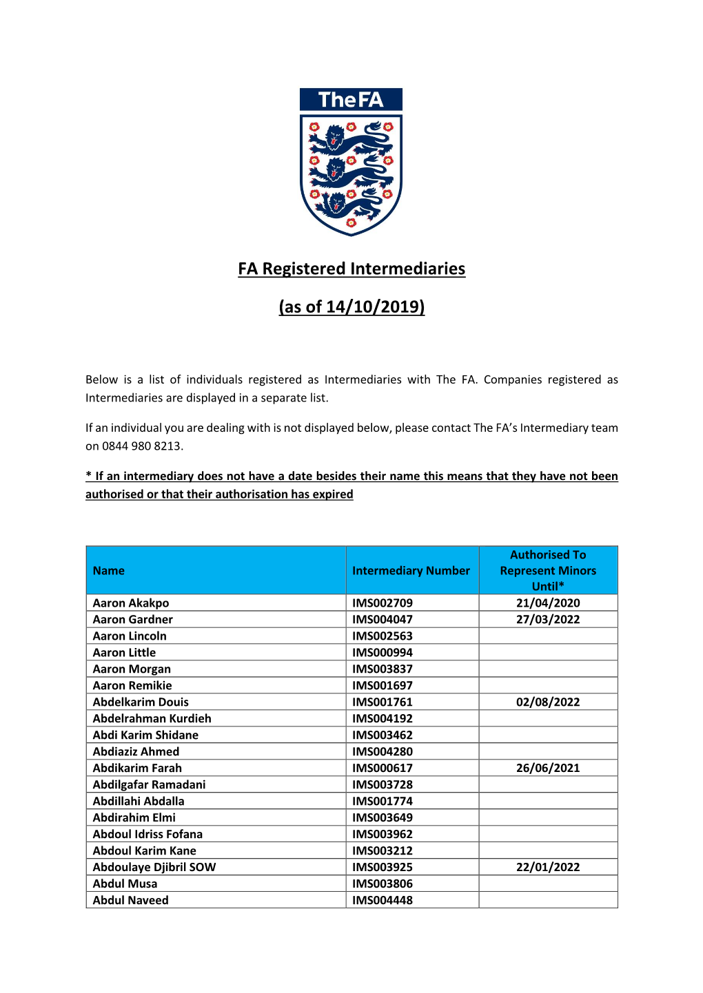 FA Registered Intermediaries (As of 14/10/2019)