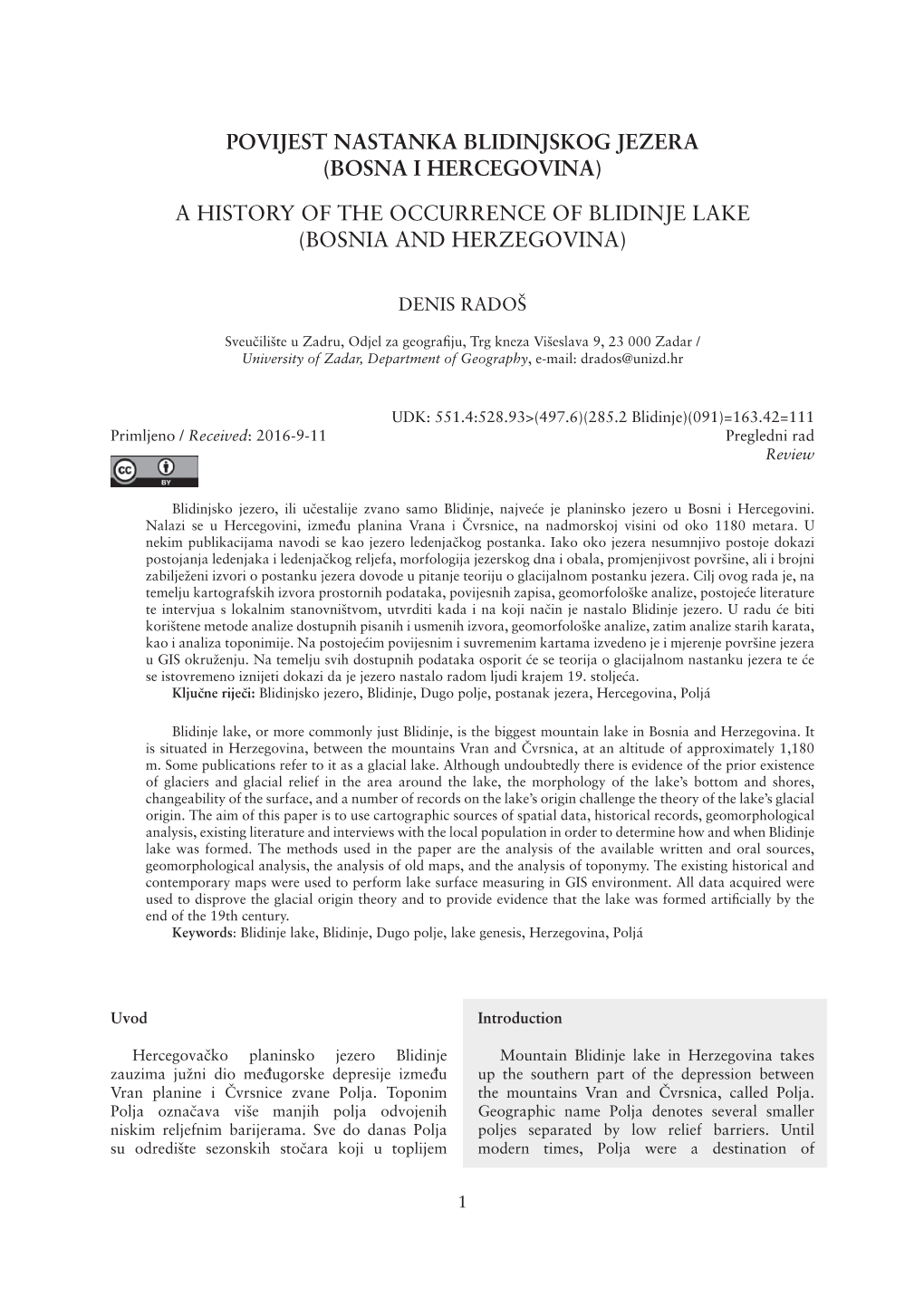A History of the Occurrence of Blidinje Lake (Bosnia and Herzegovina)