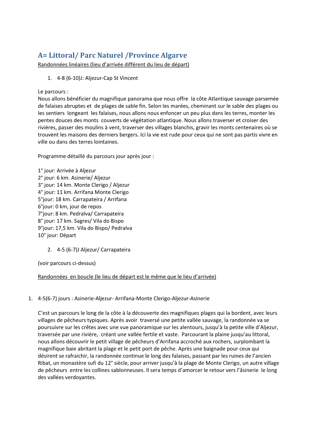 A= Littoral/ Parc Naturel /Province Algarve Randonnées Linéaires (Lieu D’Arrivée Différent Du Lieu De Départ)