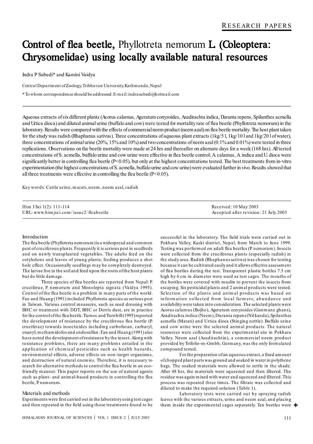 Control of Flea Beetle, Phyllotreta Nemorum L. (Coleoptera: Chrysomelidae) Using Locally Available Natural Resources