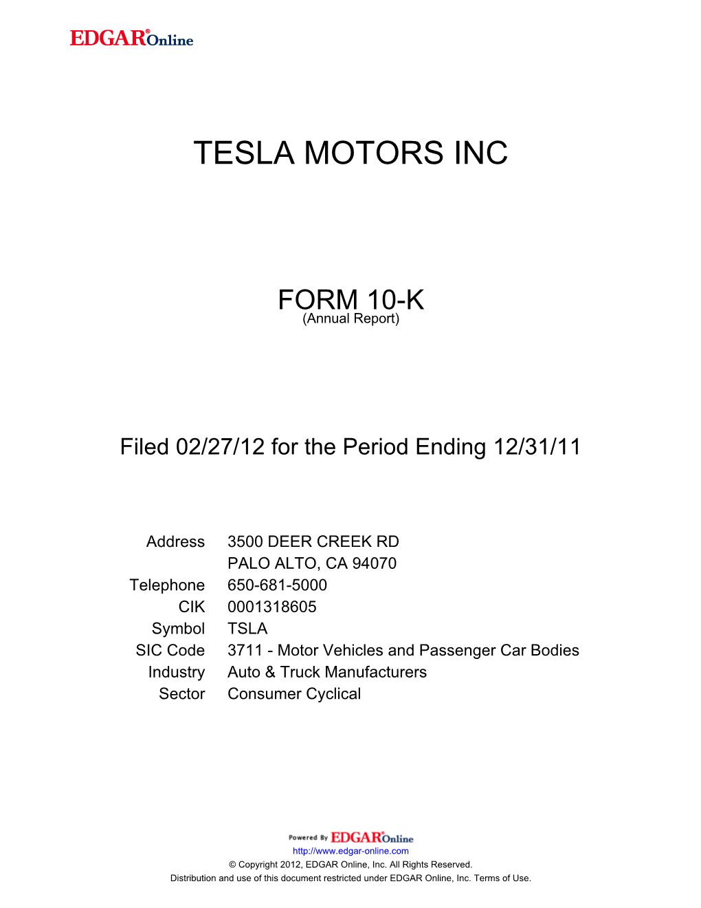 Tesla Motors Inc