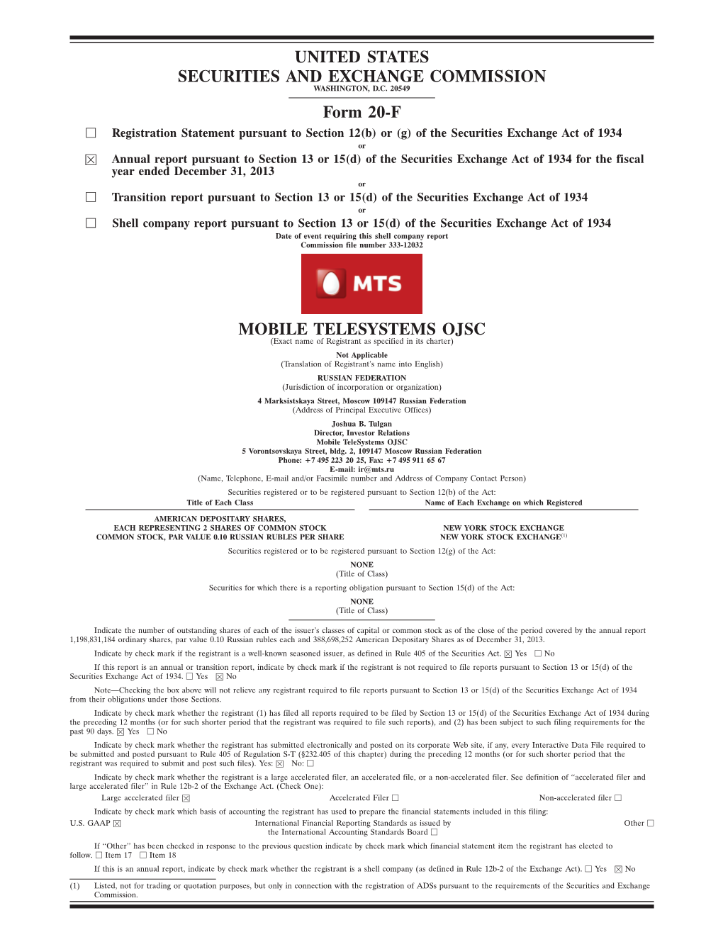 UNITED STATES SECURITIES and EXCHANGE COMMISSION Form 20-F MOBILE TELESYSTEMS OJSC