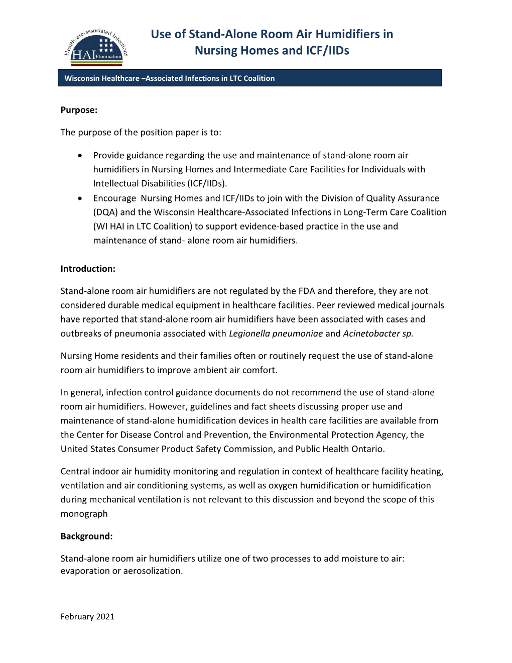 WI HAI LTC Use of Stand-Alone Room Air Humidifiers in Nursing Homes
