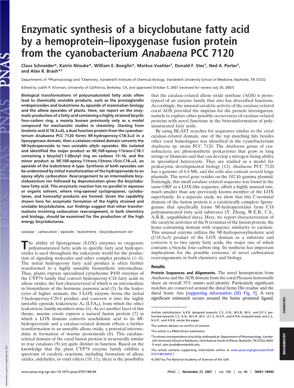 Enzymatic Synthesis of a Bicyclobutane Fatty Acid by a Hemoprotein–Lipoxygenase Fusion Protein from the Cyanobacterium Anabaena PCC 7120