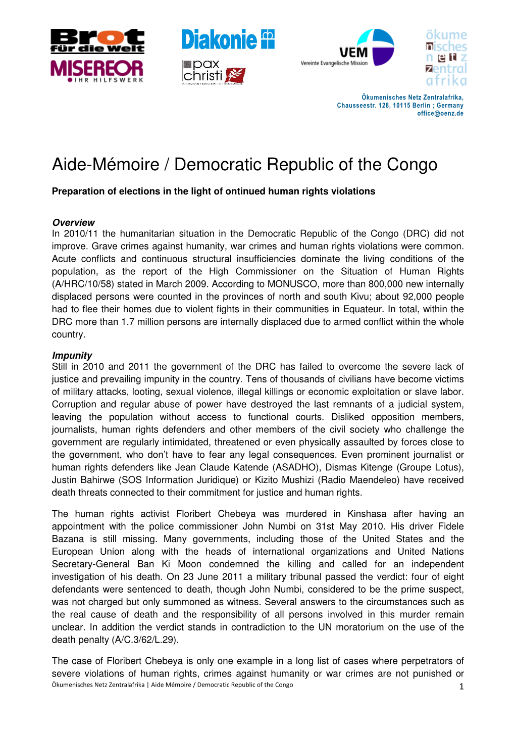 Aide-Mémoire / Democratic Republic of the Congo