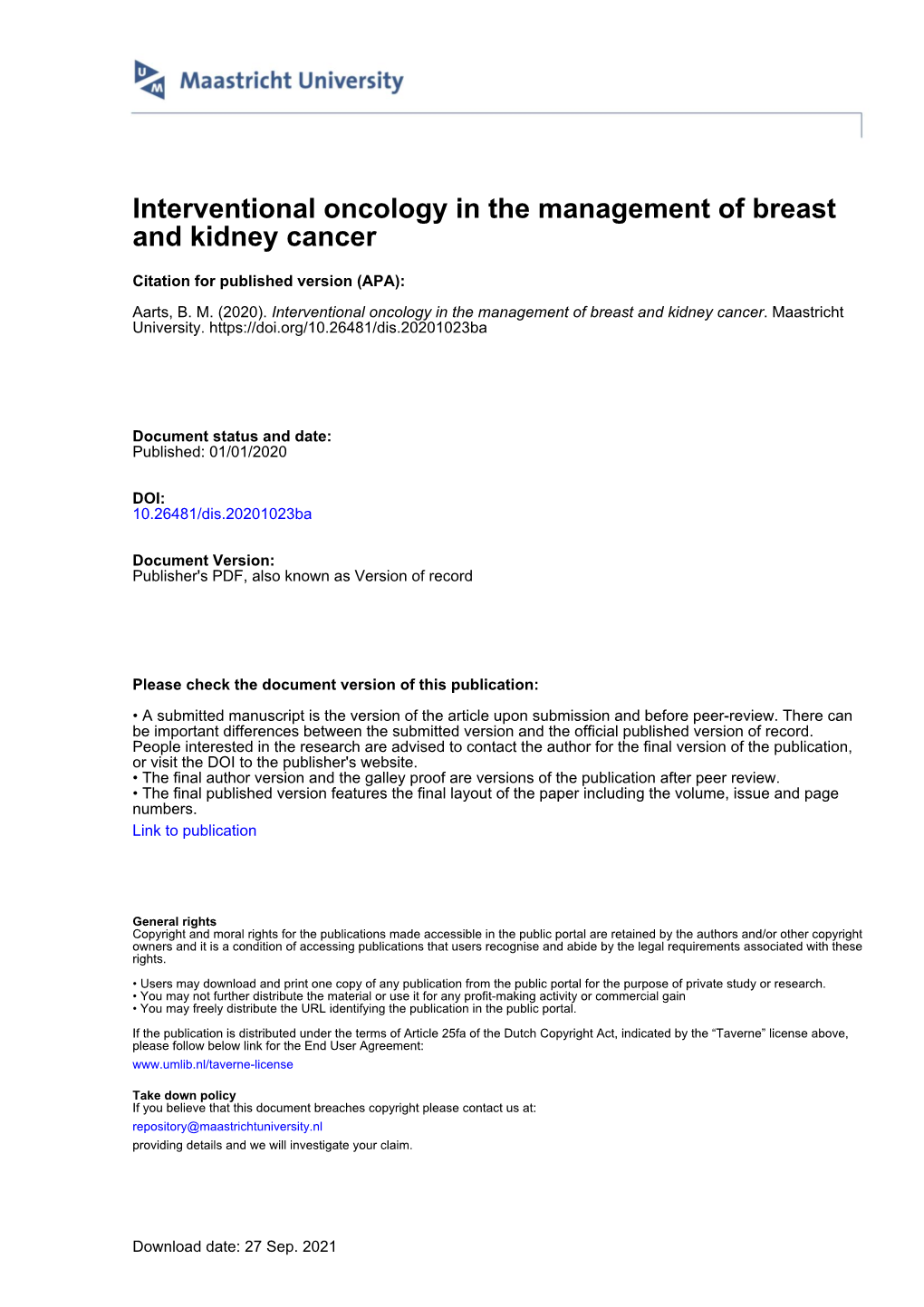 Interventional Oncology in the Management of Breast and Kidney Cancer