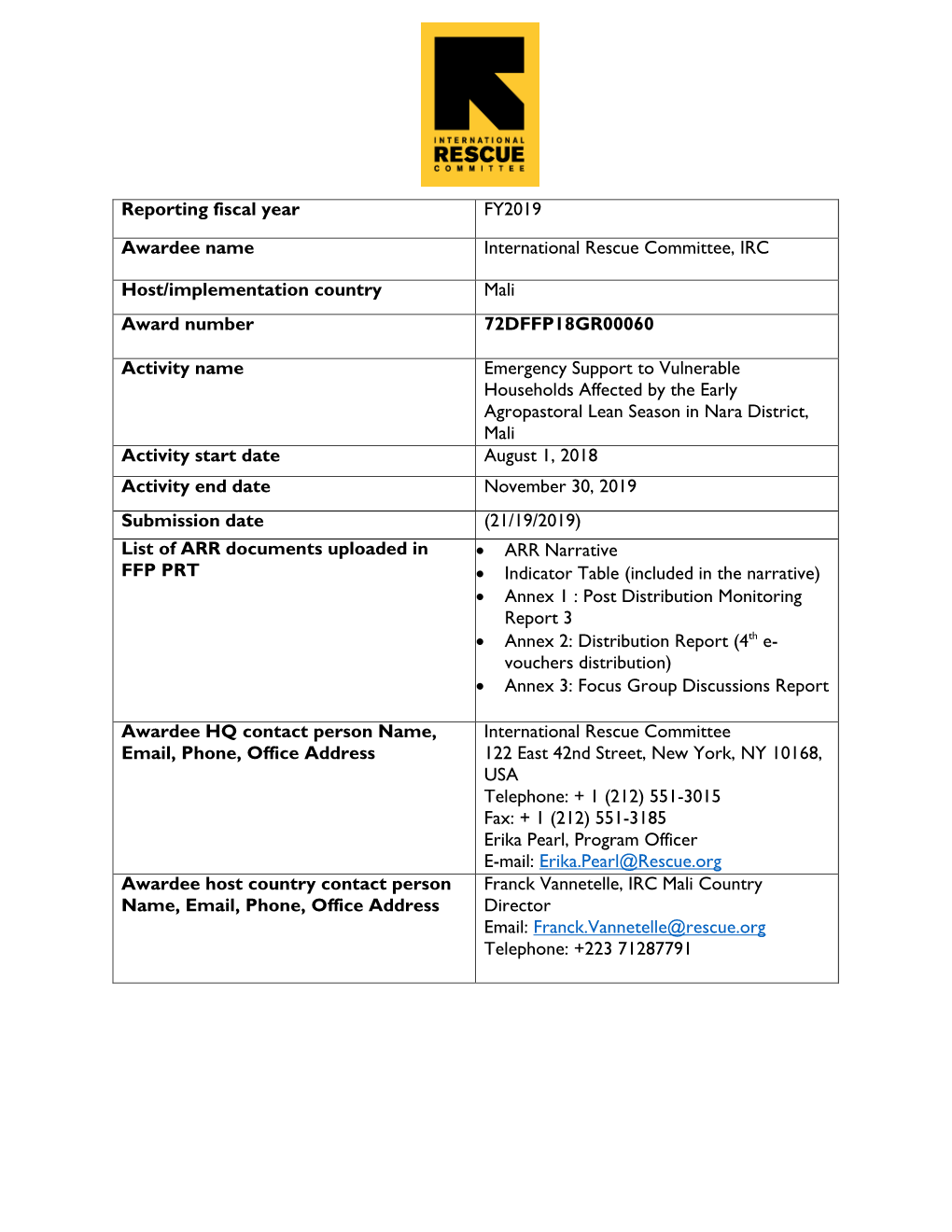 Reporting Fiscal Year FY2019 Awardee Name International Rescue Committee, IRC Host/Implementation Country Mali Award Number 72DF