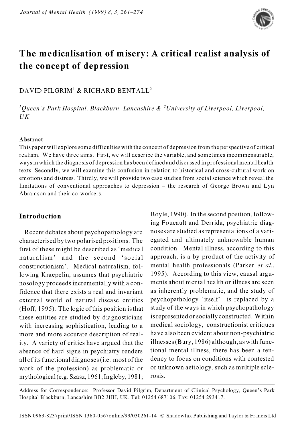 The Medicalisation of Misery: a Critical Realist Analysis of the Concept of Depression