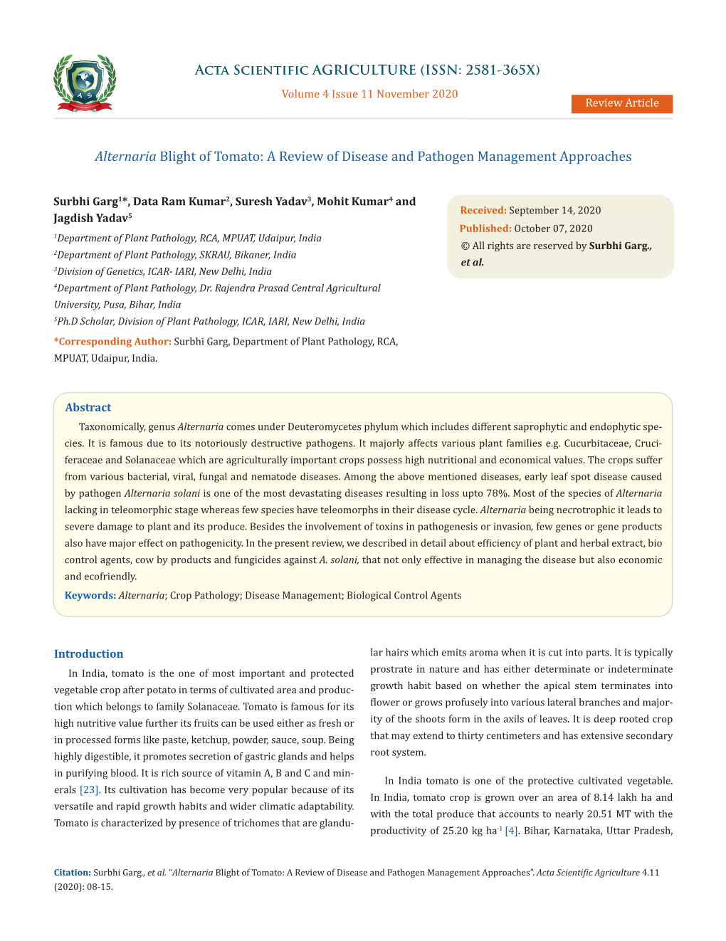 Alternaria Blight of Tomato: a Review of Disease and Pathogen Management Approaches