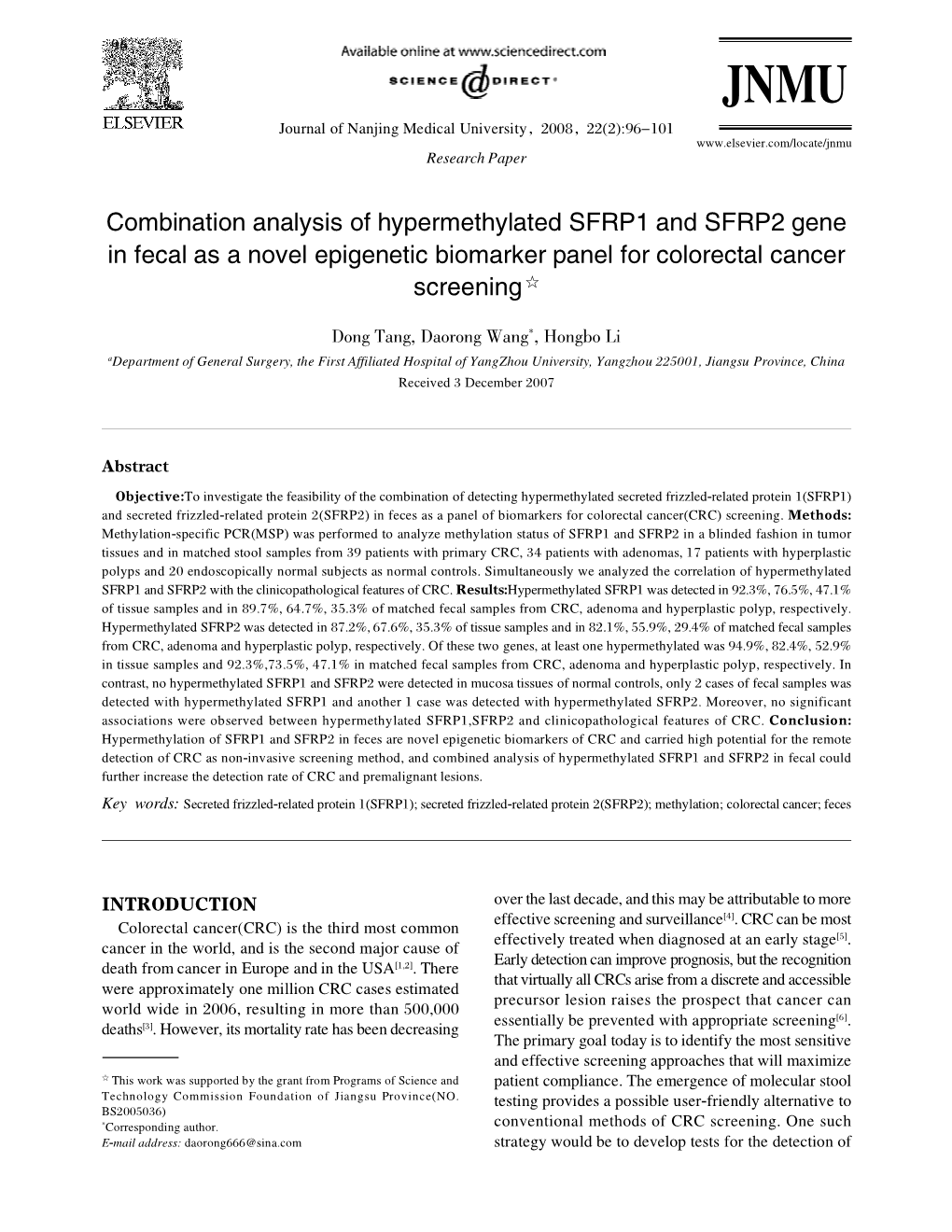 Combination Analysis of Hypermethylated SFRP1 and SFRP2 Gene in Fecal As a Novel Epigenetic Biomarker Panel for Colorectal Cancer Screening ☆