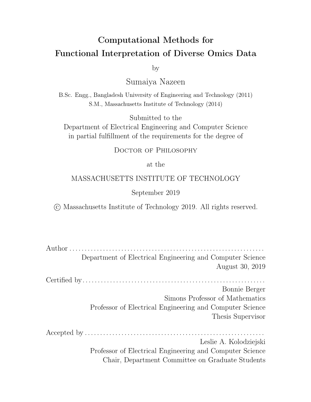 Computational Methods for Functional Interpretation of Diverse Omics Data by Sumaiya Nazeen B.Sc