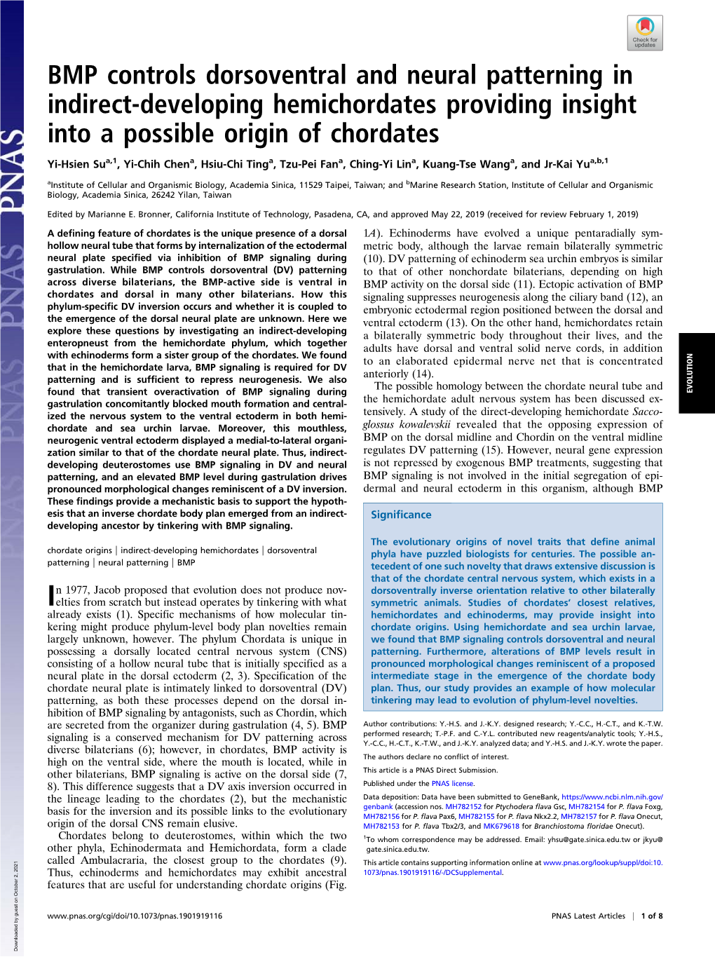 BMP Controls Dorsoventral and Neural Patterning in Indirect-Developing Hemichordates Providing Insight Into a Possible Origin of Chordates